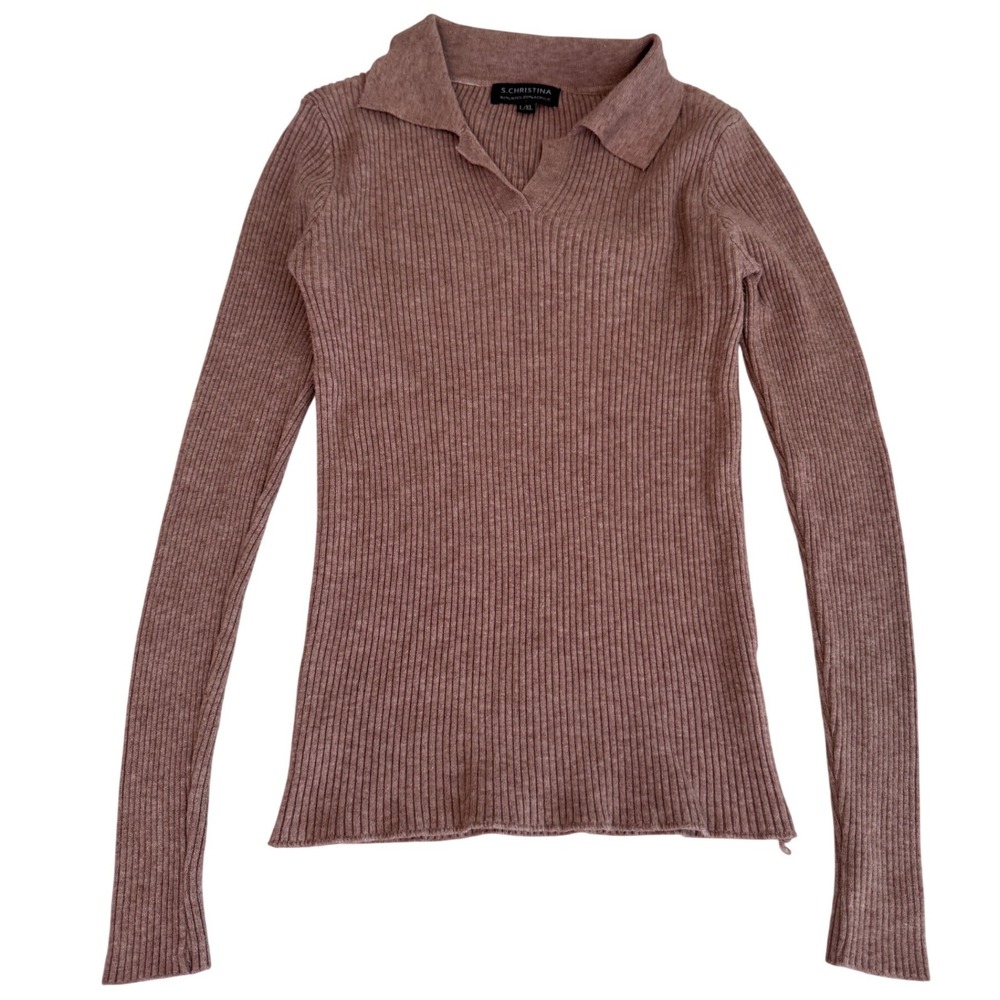 S. Christina Wool Blend Ribbed Knit Polo Sweater Mauve‎ V-Neck Long Sleeve L m3